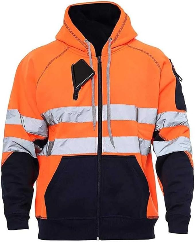 Hi Vis Hoodie - Hi Viz Sweatshirt Safety Work Reflective Jumper Hoodie Tape Band Work Warm Security High Visibility Sweatshirt 3 Zipped Pocket Pullover Hooded Top Plus Size Small - 5XL