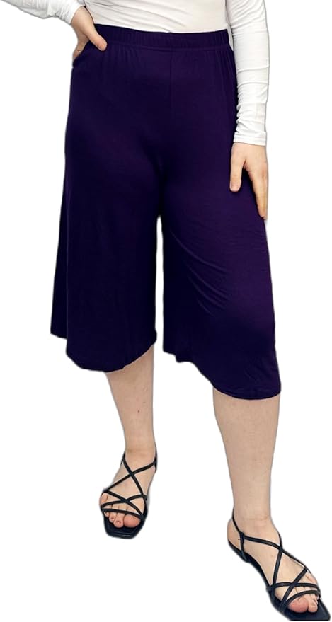 Ladies Plain 3/4 Length Short Palazzo Trousers Casual Wide Leg Culottes Pants Plus Sizes UK 8-26