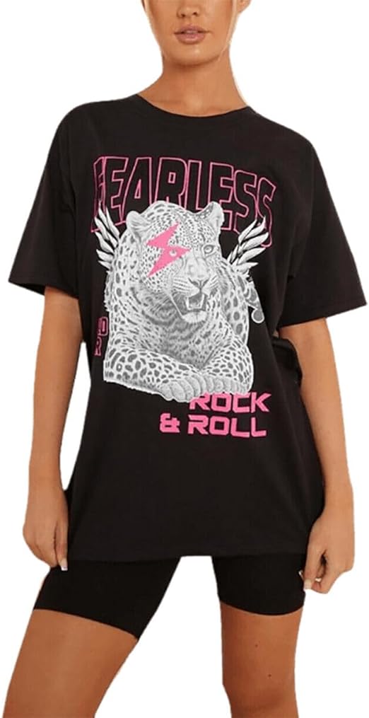 Womens Fearless Rock & Roll Slogan T Shirt Ladies Tiger Print Oversized Baggy Top