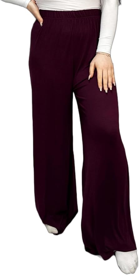 Ladies Palazzo Wide Leg Flared Elasticated Stretch Plus Size Plain Trousers 8-26