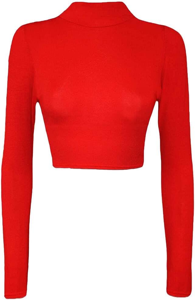 Womens Turtle Neck Crop Ladies Long Sleeve Plain Polo Short Stretch Top Sizes 8-14