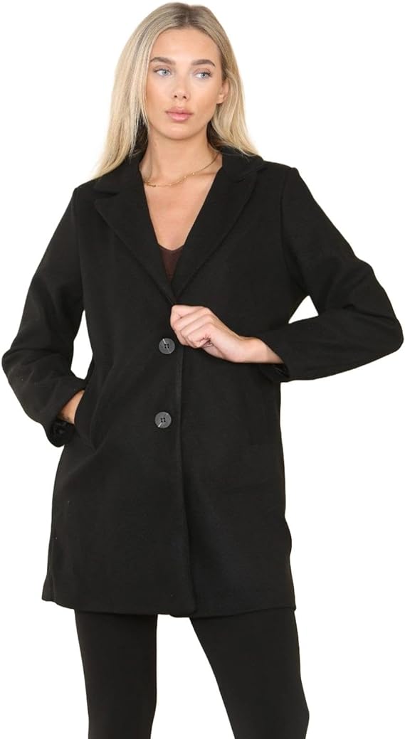 Womens italian Casual Collar two Pocket Ladies Wool Cashmere Blend Coat Wool Look Long Sleeve Collared Front Button Jacket Coat Sizes 12-18