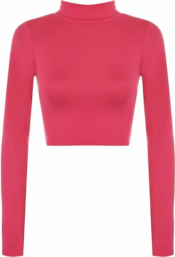 Womens Turtle Neck Crop Ladies Long Sleeve Plain Polo Short Stretch Top Sizes 8-14