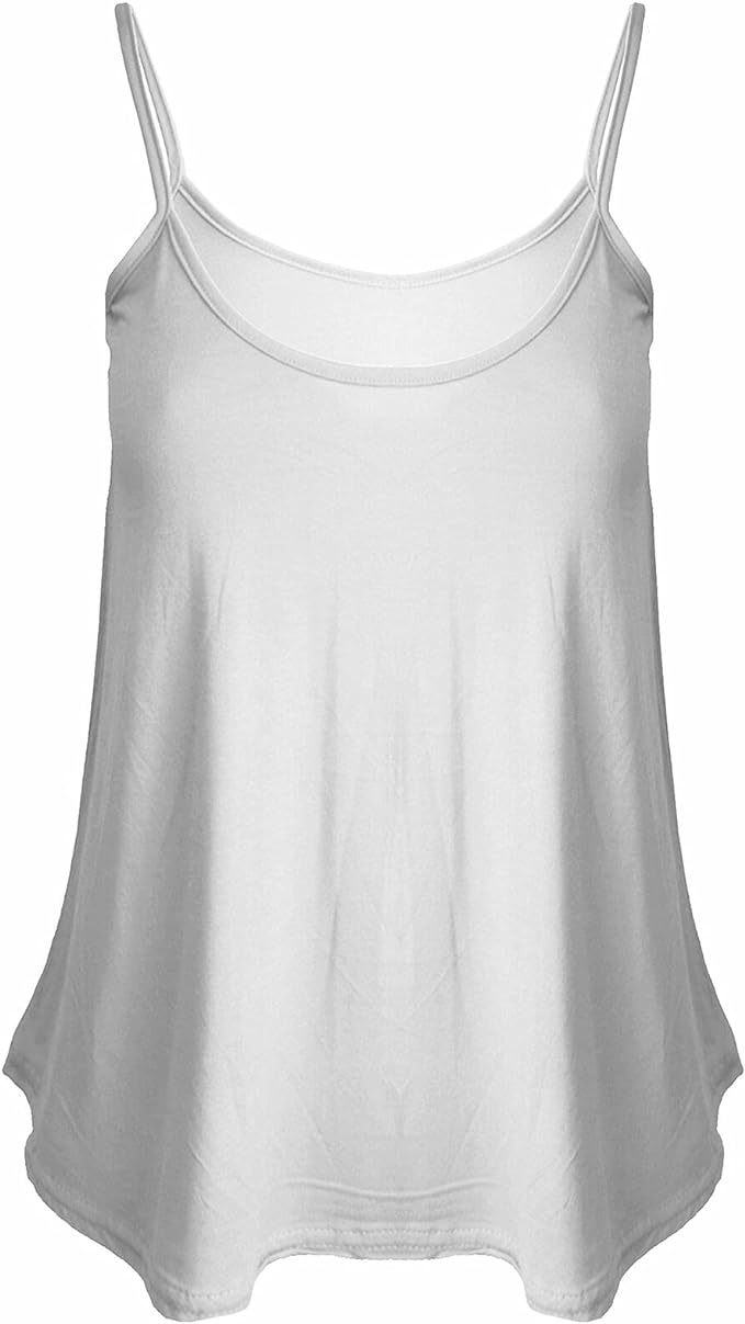 Womens Plain Sleeveless Round Scoop Neckline Stretch Slim Straps Strappy Flared Swing Camisole T-Shirt Vest Top UK Size 16-22