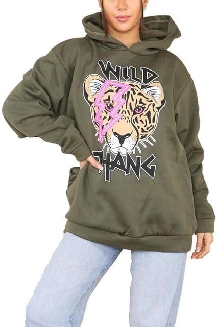 Ladies Wild Thang Printed Hoodie Women's Long Sleeve Tiger Lightening Eye Oversized Baggy Sweatshirt Hoodie UK Size 8-22