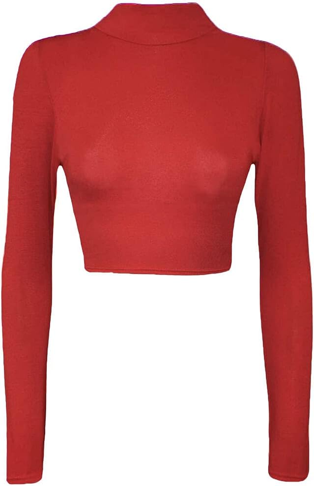 Womens Turtle Neck Crop Ladies Long Sleeve Plain Polo Short Stretch Top Sizes 8-14