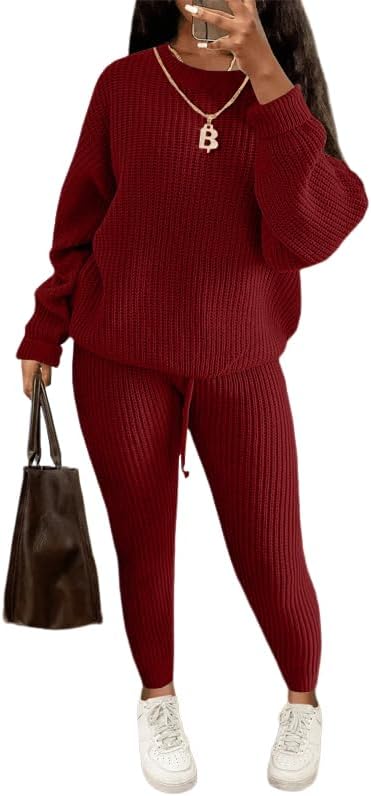 LUXE DIVA Women's 2pcs Round Neck Drop Shoulder Long Sleeve Top & Drawstring Waist Pant, Casual Slim Solid Sweater Set Knitwear