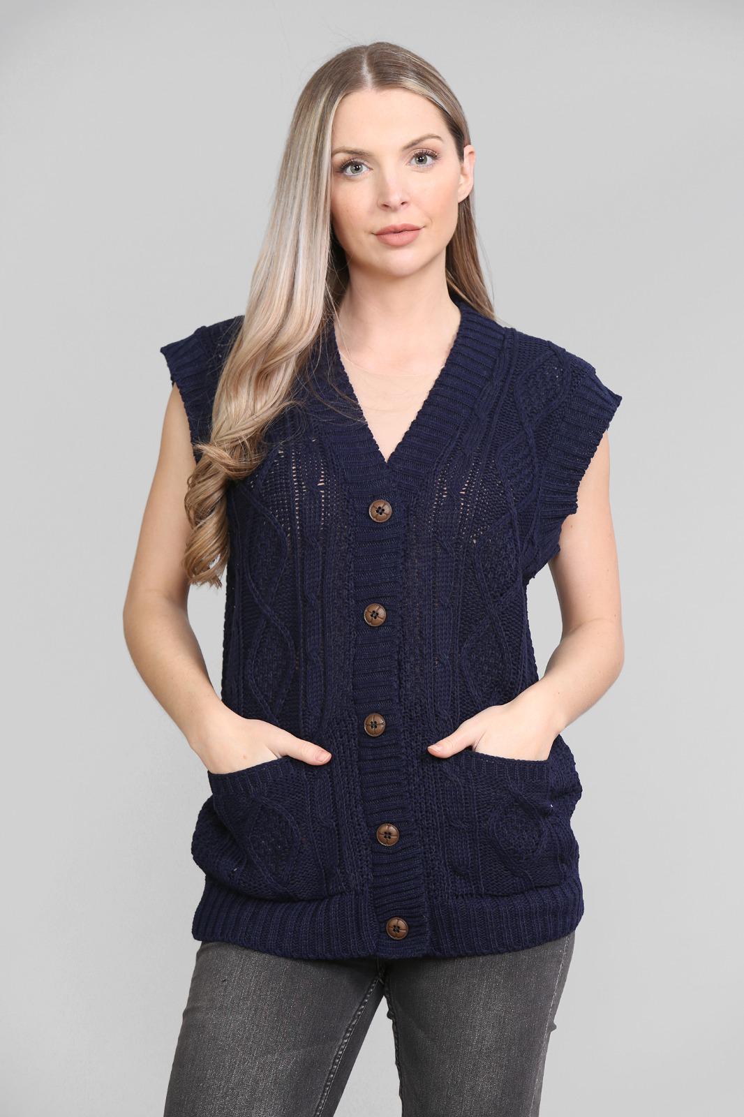 LADIES SLEEVELESS 5 BUTTON WAISTCOAT KNITTED 2 POCKETS V/NECK SELF COLOUR KNITWEAR FRONT PATTERN W/COAT ALL YEAR ROUND WEAR