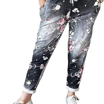 LUXEDIVA  Women’s Ladies Denim Joggers Star Printed Sweatpants Floral Ribbed Waistband Trousers Ladies Casual Summer Drawstring Italian Gym Running Pants Plus Size 8-22