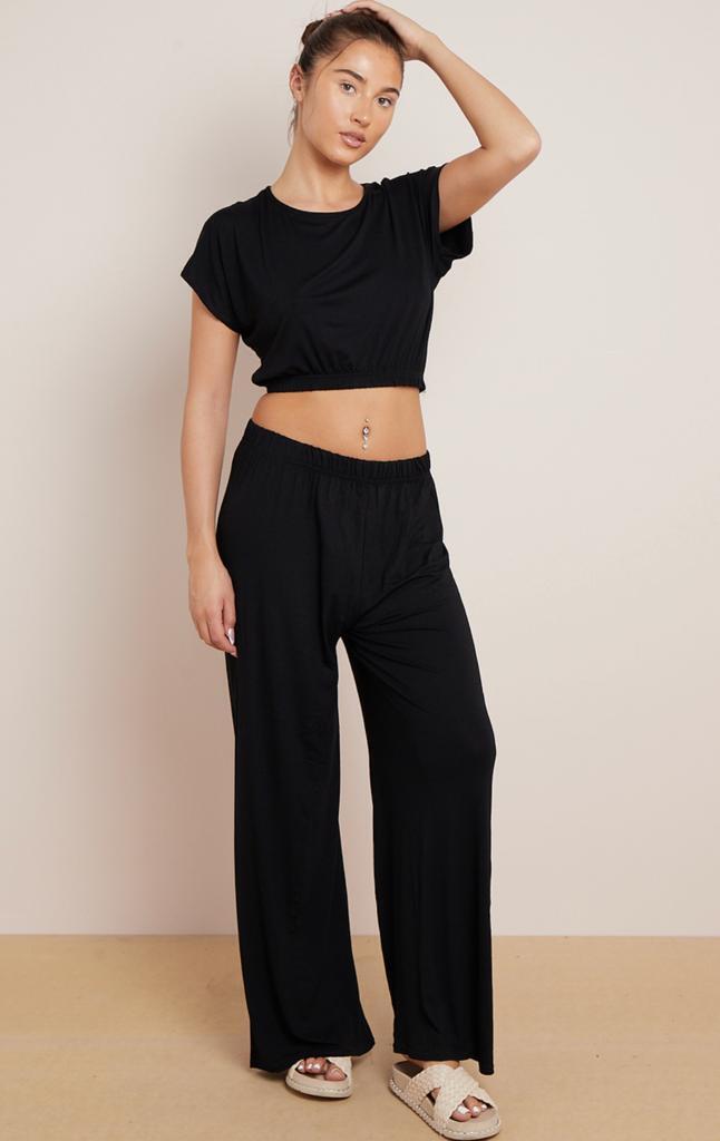 Ladies Plain Crop Top Flared Trouser Loungewear Suit 2PCS Co-ord Tracksuit Set