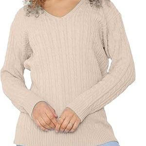 LUXE DIVA Women’s Long Sleeve V Neck Chunky Cable Knit Jumper for Ladies Casual Pullover Sweater for Women UK Size 8-22