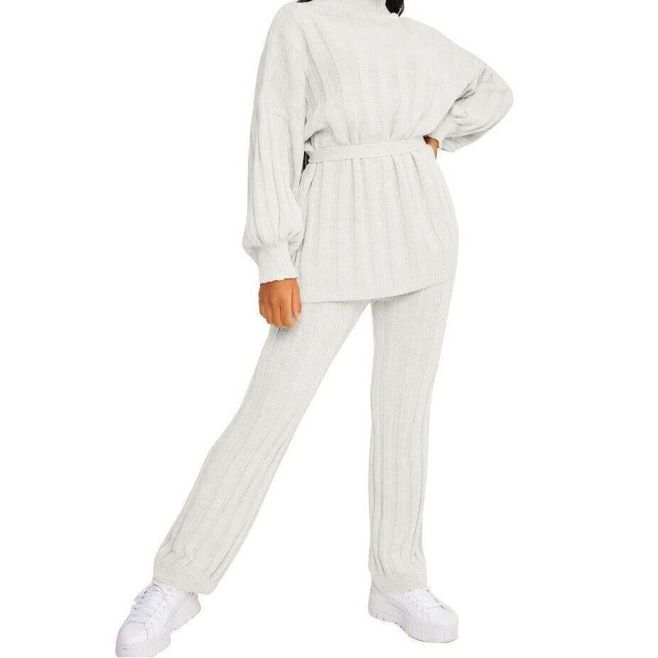 LUXE DIVA Womens Ladies Chunky Knitted High Roll Bottoms Set Loungewear Suit Tracksuit