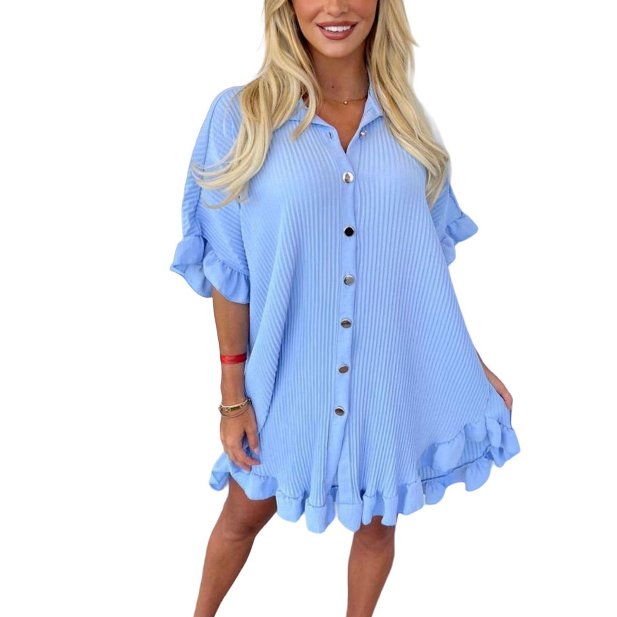 LUXE DIVA Women's Ladies Gold Button Pleated Frill Summer Shirt Swing Smock Mini Dress Top