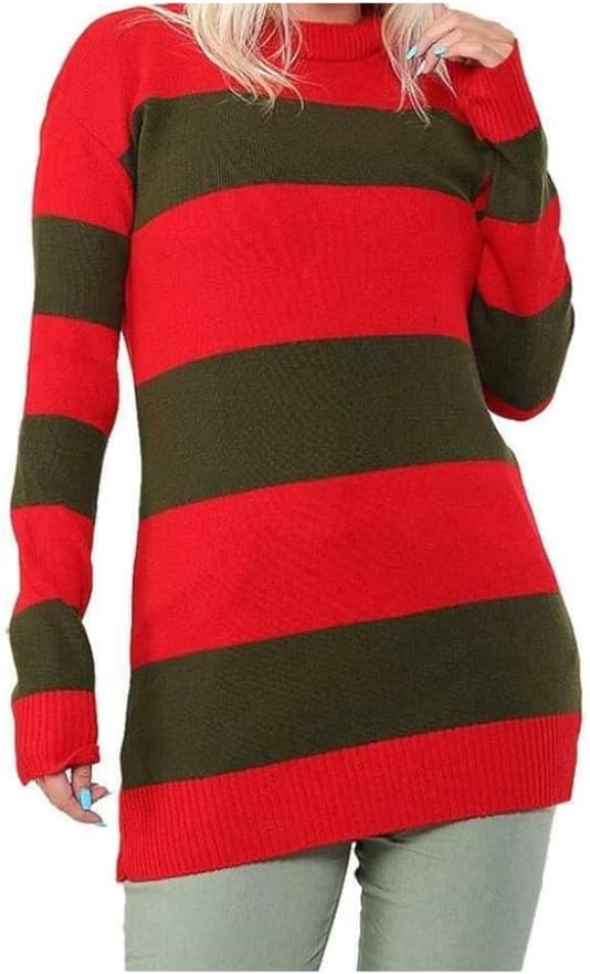 LUXE DIVA Women’s Red Green Stripe Knitted Jumper Ladies Halloween Fancy Dress Sweater Top Girls Long Sleeve Knitted Pullover Winter Sweatshirt