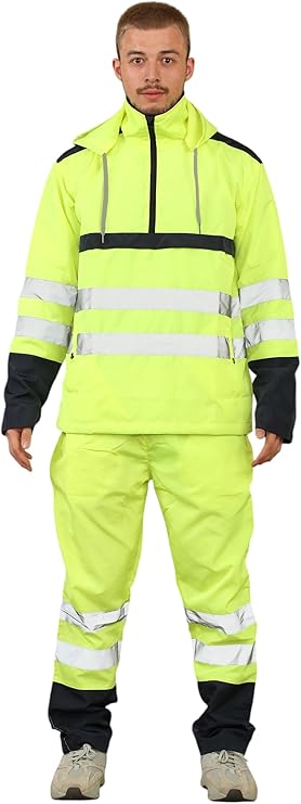 LUXE DIVA Hi Vis Rain Tracksuit - Mens High Visibility Waterproof Reflective Tape Band Safety Lightweight Rainsuit Hooded Top Trouser Plus Sizes S-XXL