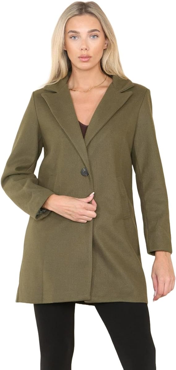 Womens italian Casual Collar two Pocket Ladies Wool Cashmere Blend Coat Wool Look Long Sleeve Collared Front Button Jacket Coat Sizes 12-18