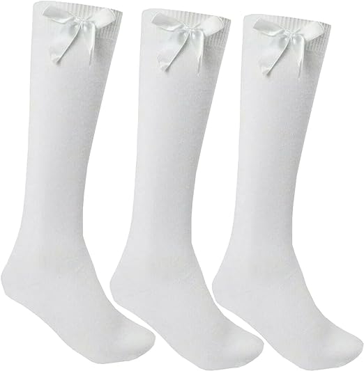 3 Pairs Girls Knee High School Socks Cotton Socks with Fluffy Ribbons Bow, Back to School Socks Uniform Party Wear Comfort Fit Long Socks Stocking Girls Bow Knee High Kids School Sock