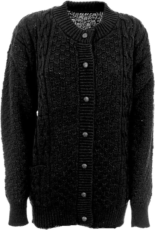 Womens Aran Cable Knitted 7 Button Cardigan Ladies Loose and Stretchy Long Sleeve 2 Pocket Round Neck Sweater Sizes 8-22