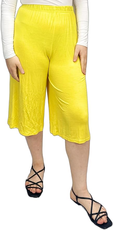 Ladies Plain 3/4 Length Short Palazzo Trousers Casual Wide Leg Culottes Pants Plus Sizes UK 8-26