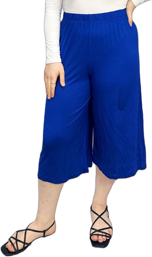 Ladies Plain 3/4 Length Short Palazzo Trousers Casual Wide Leg Culottes Pants Plus Sizes UK 8-26