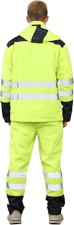 LUXE DIVA Hi Vis Rain Tracksuit - Mens High Visibility Waterproof Reflective Tape Band Safety Lightweight Rainsuit Hooded Top Trouser Plus Sizes S-XXL