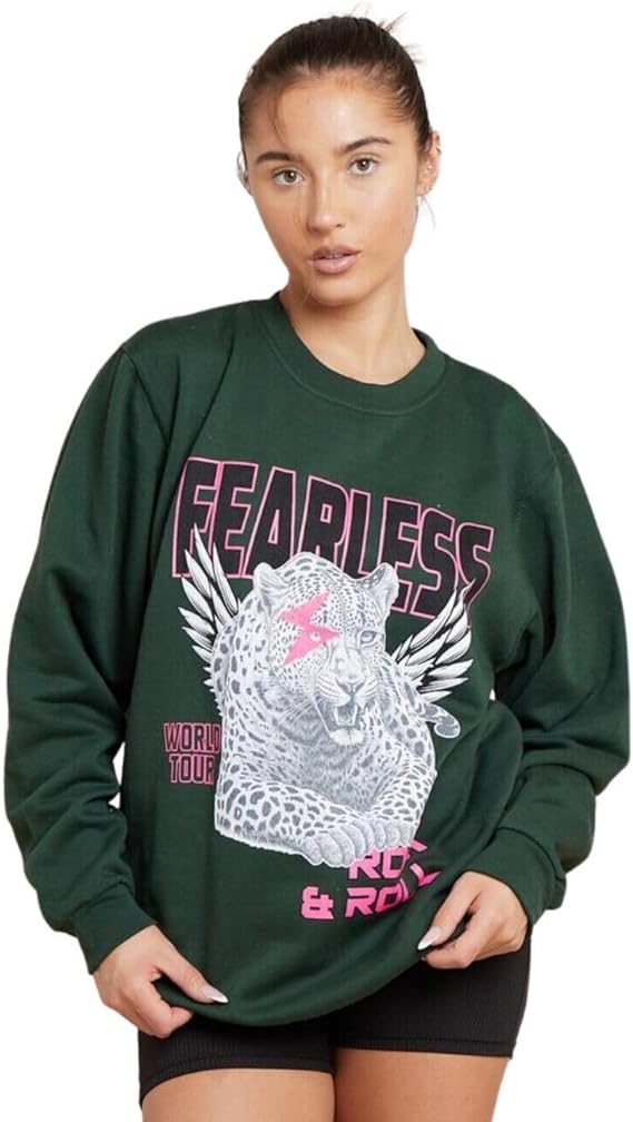 Women’s Long Sleeve Round Neck Tiger Fearless Print Tops Rock & Roll Oversized Sweatshirt Ladies Tiger Face Fearless Printed Baggy Sweat Shirt Size UK S-XXL