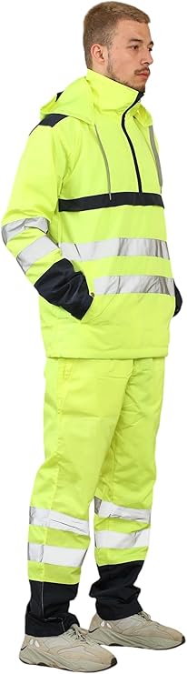 LUXE DIVA Hi Vis Rain Tracksuit - Mens High Visibility Waterproof Reflective Tape Band Safety Lightweight Rainsuit Hooded Top Trouser Plus Sizes S-XXL