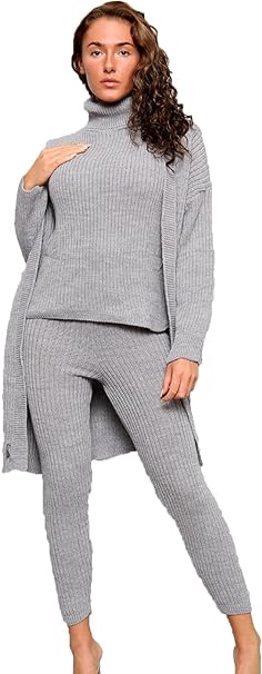 Women's Long Sleeve Knit 3 Piece Roll Neck Chunky Knitted Top Open Cardigan Tracksuit Ladies Ribbed Sleeveless Jumper Elasticated Legging Lounge Wear Set Suit UK 8-14