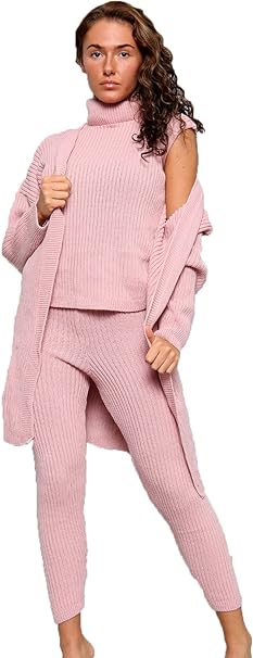 Women's Long Sleeve Knit 3 Piece Roll Neck Chunky Knitted Top Open Cardigan Tracksuit Ladies Ribbed Sleeveless Jumper Elasticated Legging Lounge Wear Set Suit UK 8-14