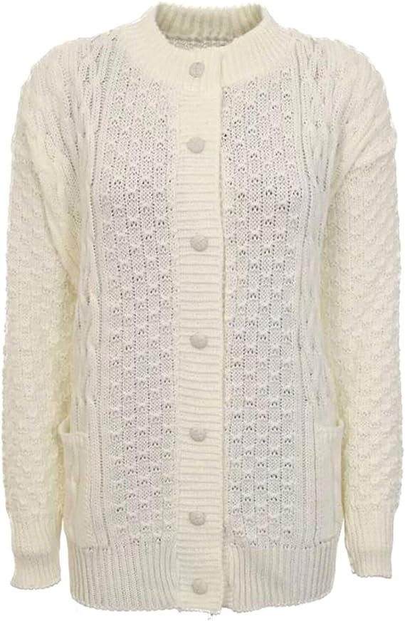 Womens Aran Cable Knitted 7 Button Cardigan Ladies Loose and Stretchy Long Sleeve 2 Pocket Round Neck Sweater Sizes 8-22