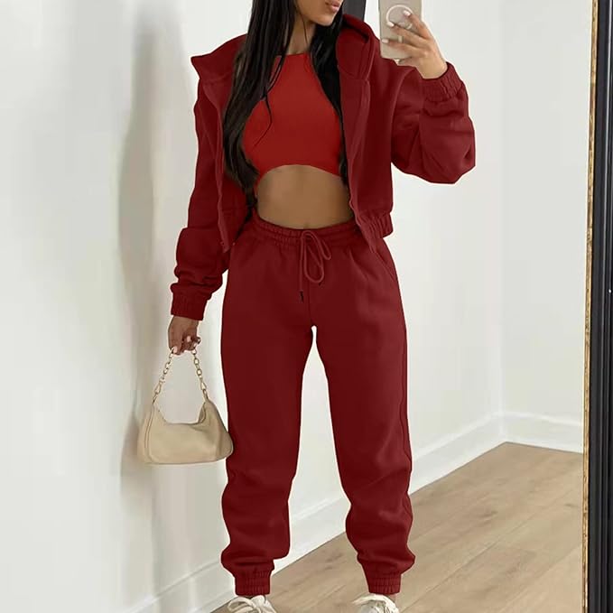 Hoodie Suit Women's Winter 3-Piece Women's Casual Tracksuit Autumn and Winter Top Vest Trousers Set Fashionable Plain Zip Hooded Trousers Casual Three Piece Set Leisure Suit