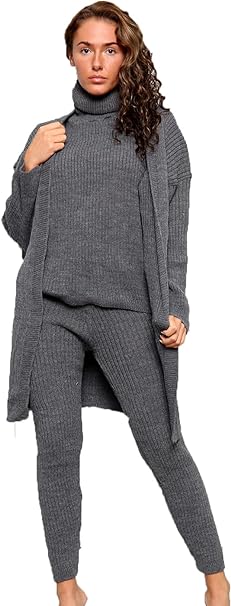 Women's Long Sleeve Knit 3 Piece Roll Neck Chunky Knitted Top Open Cardigan Tracksuit Ladies Ribbed Sleeveless Jumper Elasticated Legging Lounge Wear Set Suit UK 8-14