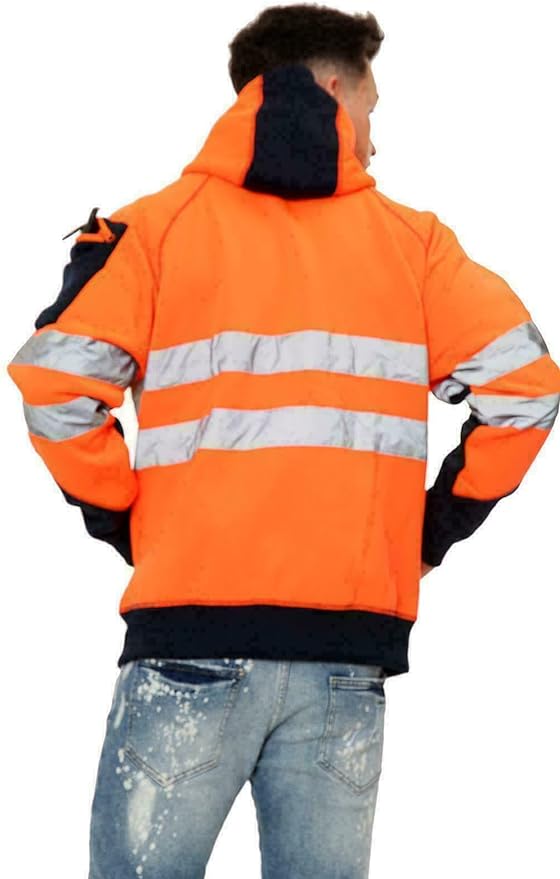 Hi Vis Hoodie - Hi Viz Sweatshirt Safety Work Reflective Jumper Hoodie Tape Band Work Warm Security High Visibility Sweatshirt 3 Zipped Pocket Pullover Hooded Top Plus Size Small - 5XL