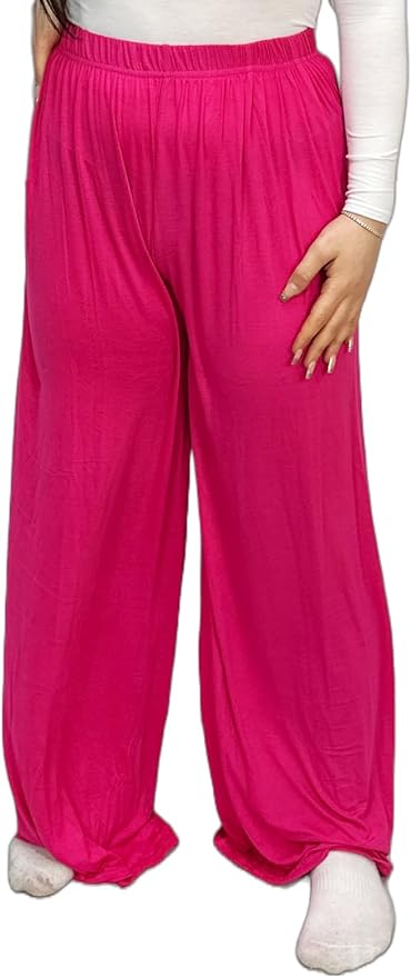 Ladies Palazzo Wide Leg Flared Elasticated Stretch Plus Size Plain Trousers 8-26