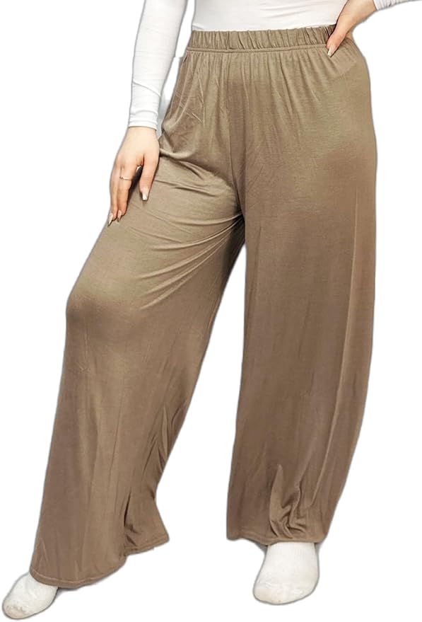 Ladies Palazzo Wide Leg Flared Elasticated Stretch Plus Size Plain Trousers 8-26