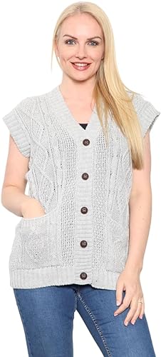 Womens Sleeveless Cable Knitted Grandad Cardigan Ladies 5 Button Casual Winter Sweater Waistcoat Top