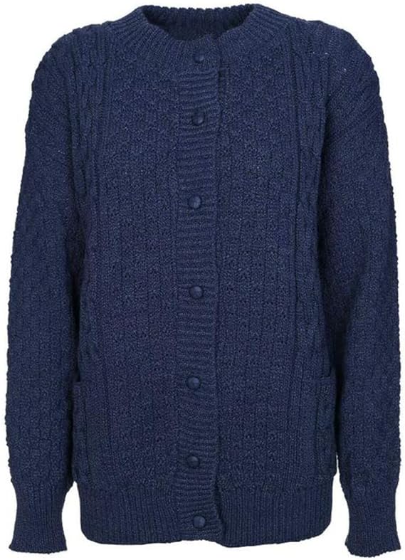 Womens Aran Cable Knitted 7 Button Cardigan Ladies Loose and Stretchy Long Sleeve 2 Pocket Round Neck Sweater Sizes 8-22