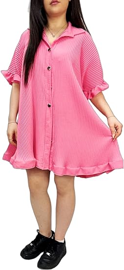 Women’s Gold Button Pleated Short Sleeve Plain Collared Frill Hem Ladies Casual Loose Fit Oversized Baggy Plus Size Swing Summer Crinkle Dresses for Women