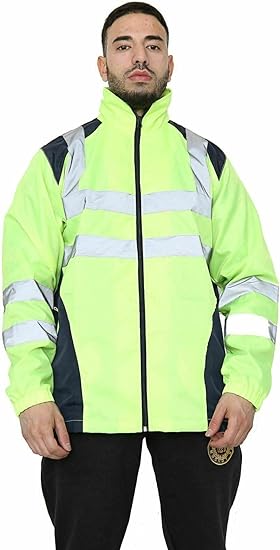 Hi Vis Rain Jacket Mens High Visibility Waterproof Reflective Tape Band Safety Zipper Hooded Top