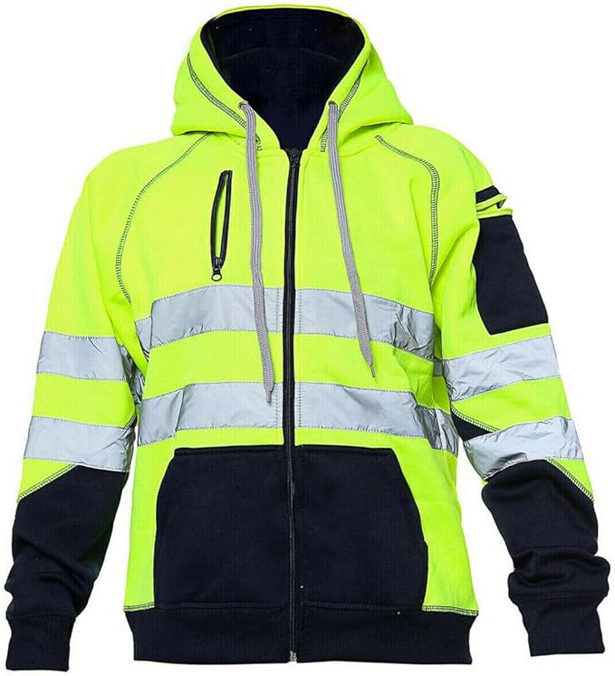 LUXE DIVA Hi Vis Hoodie - Hi Viz Sweatshirt Safety Work Reflective Jumper Hoodie Tape Band Work Warm Security High Visibility Sweatshirt 3 Zipped Pocket Pullover Hooded Top Plus Size Small - 5XL