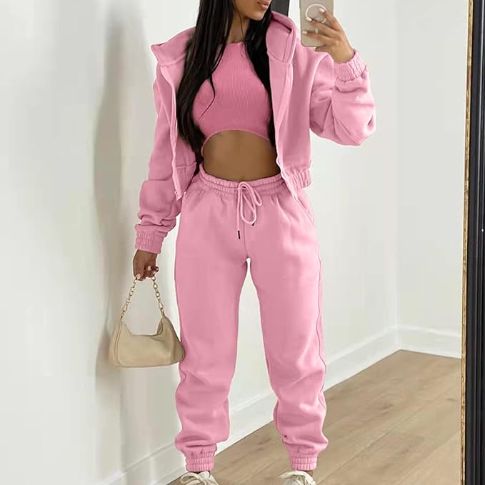 Hoodie Suit Women's Winter 3-Piece Women's Casual Tracksuit Autumn and Winter Top Vest Trousers Set Fashionable Plain Zip Hooded Trousers Casual Three Piece Set Leisure Suit