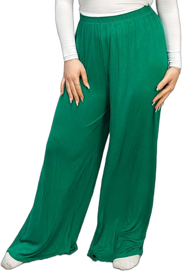 Ladies Palazzo Wide Leg Flared Elasticated Stretch Plus Size Plain Trousers 8-26