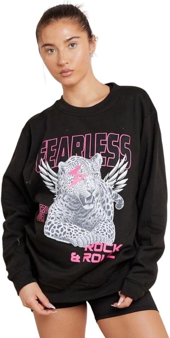 Women’s Long Sleeve Round Neck Tiger Fearless Print Tops Rock & Roll Oversized Sweatshirt Ladies Tiger Face Fearless Printed Baggy Sweat Shirt Size UK S-XXL