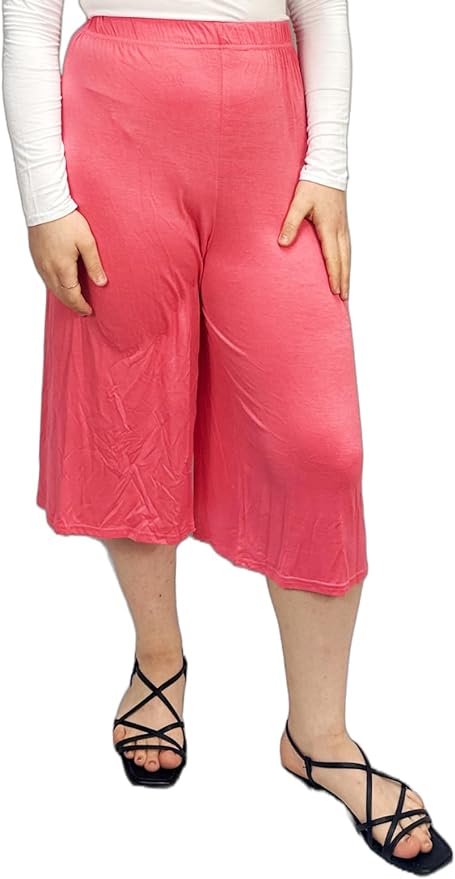 Ladies Plain 3/4 Length Short Palazzo Trousers Casual Wide Leg Culottes Pants Plus Sizes UK 8-26