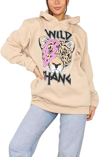 Ladies Wild Thang Printed Hoodie Women's Long Sleeve Tiger Lightening Eye Oversized Baggy Sweatshirt Hoodie UK Size 8-22