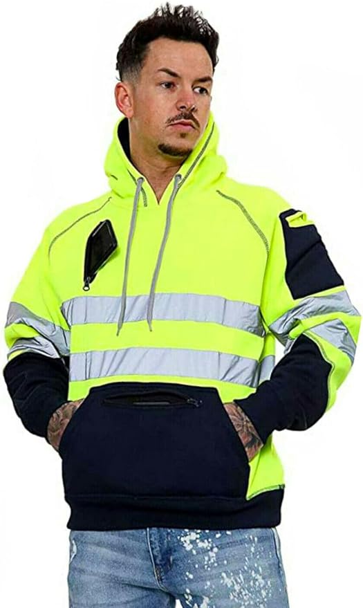 Hi Vis Hoodie - Hi Viz Sweatshirt Safety Work Reflective Jumper Hoodie Tape Band Work Warm Security High Visibility Sweatshirt 3 Zipped Pocket Pullover Hooded Top Plus Size Small - 5XL