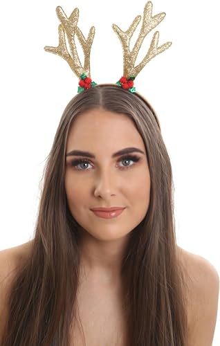 Christmas Headband Gold Glitter Reindeer Antlers With Holly Motif Accessory for Fancy Dress & Parties Kids Adult