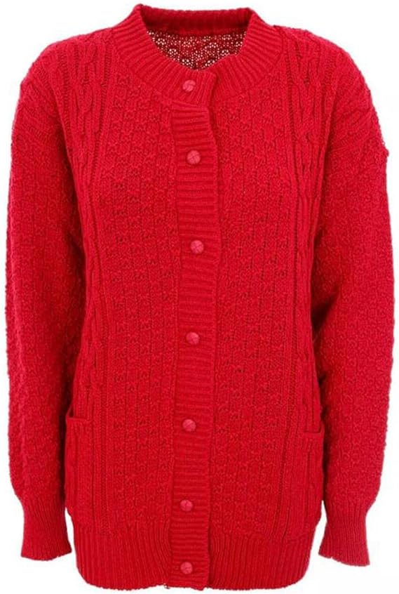 Womens Aran Cable Knitted 7 Button Cardigan Ladies Loose and Stretchy Long Sleeve 2 Pocket Round Neck Sweater Sizes 8-22