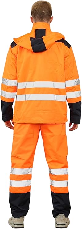 LUXE DIVA Hi Vis Rain Tracksuit - Mens High Visibility Waterproof Reflective Tape Band Safety Lightweight Rainsuit Hooded Top Trouser Plus Sizes S-XXL