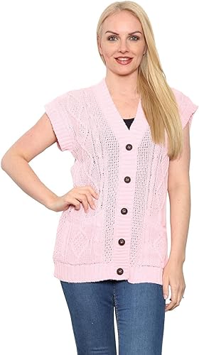 Womens Sleeveless Cable Knitted Grandad Cardigan Ladies 5 Button Casual Winter Sweater Waistcoat Top